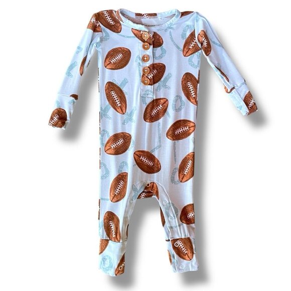 Posh Peanut Baby Romper Sz 3 to 6 Month Blue Brown Bamboo Football Print One Pc - Picture 1 of 5